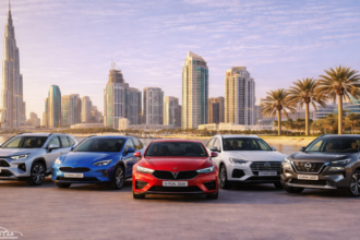 Five 2026 car models with Dubai skyline.