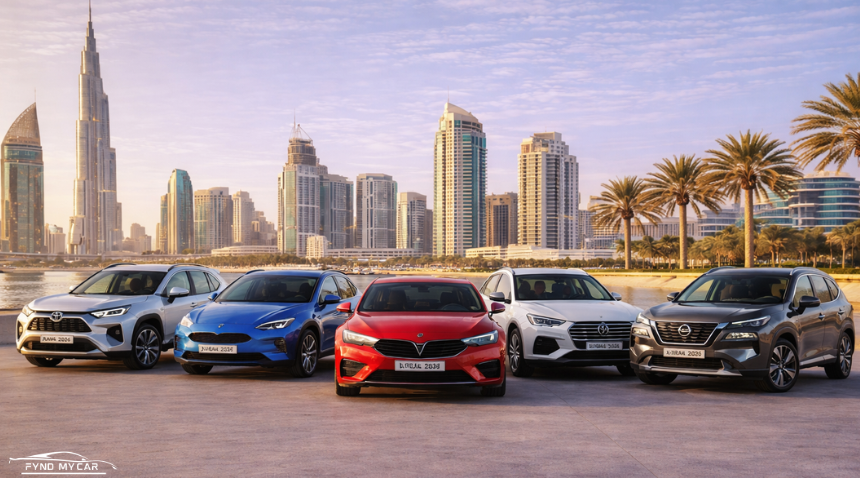 Five 2026 car models with Dubai skyline.
